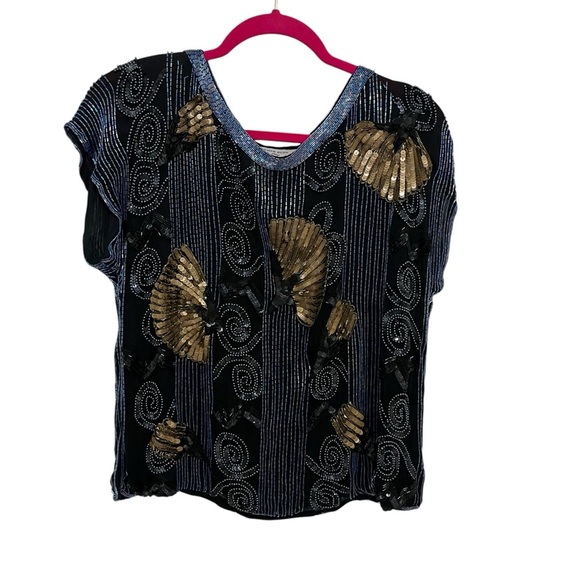 NORMAN BERG beaded sequins evening top shirt vintage retro medium M - Picture 1 of 8